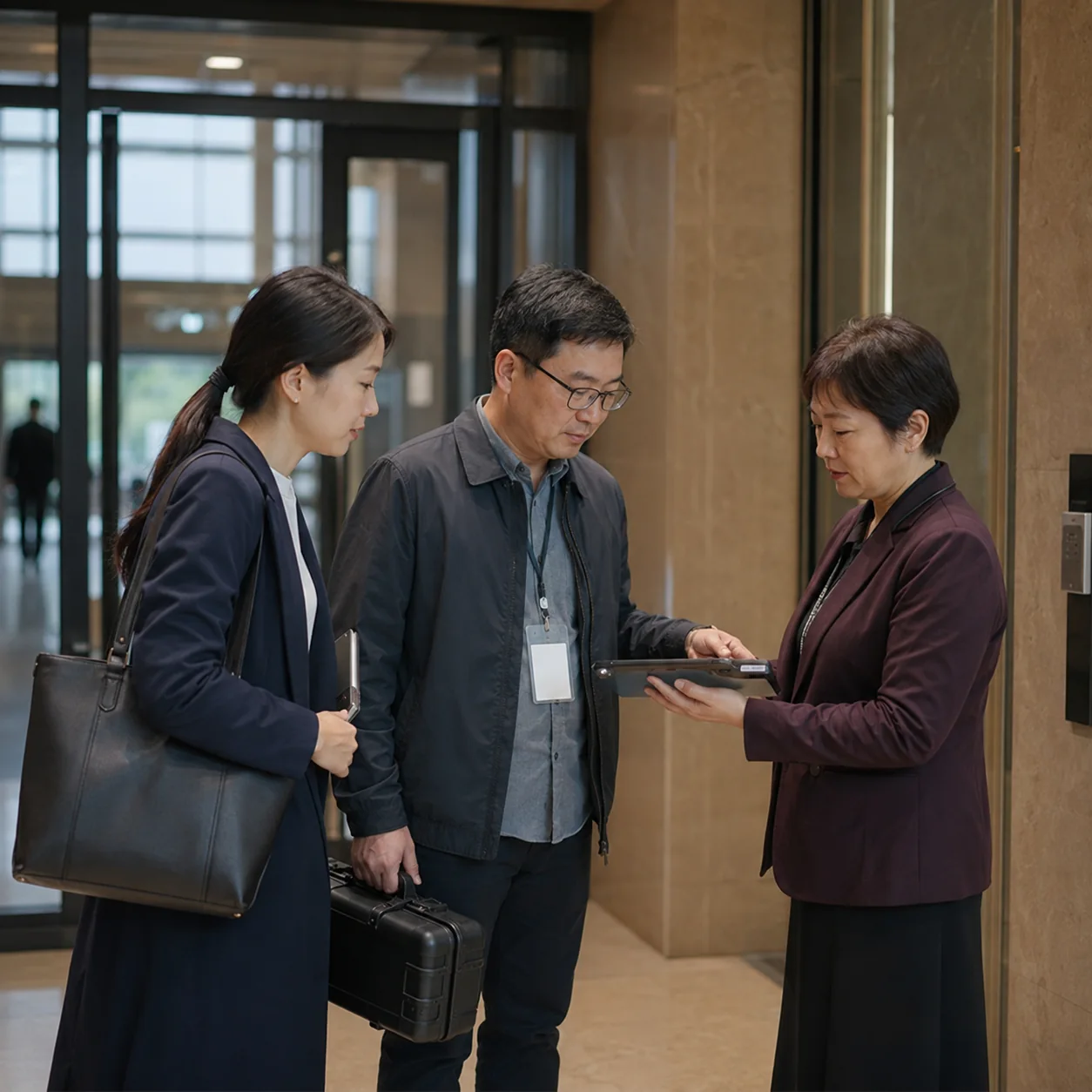 内部负责人陪同外部技术人员在受控入口确认临时通行范围
